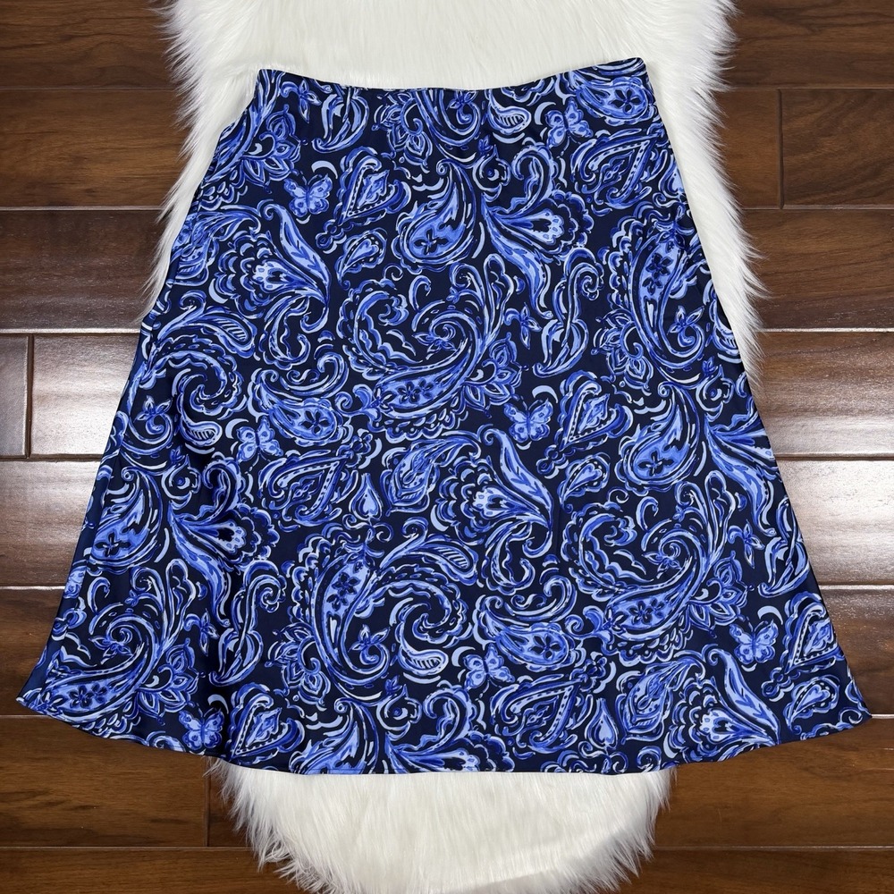 Talbots Women's Size 8‎ Petite Blue Painted Paisley Satin Slip Midi Skirt
